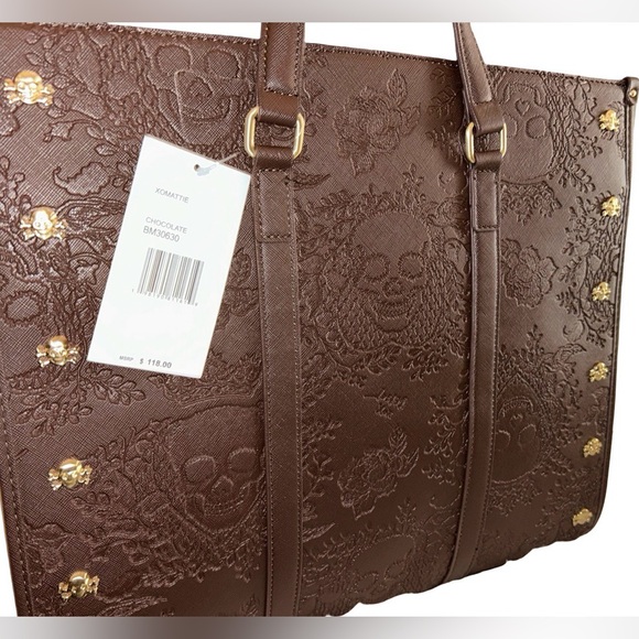 BETSEY JOHNSON XL BROWN SKULLS & ROSES TOTE RHINESTONE SKULL PURSE CHARM NWT - Picture 7 of 13